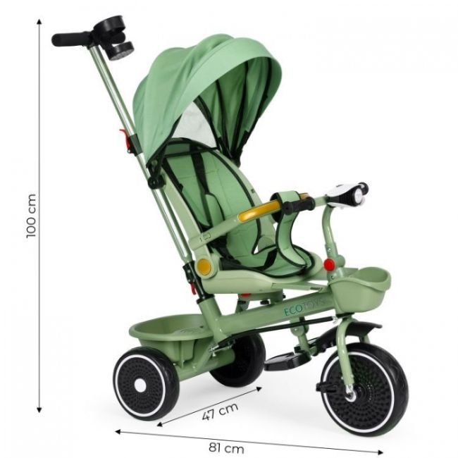 Tricicleta 2 in 1 pentru copii, scaun rotativ 360°, roti din spuma eva, ecotoys wql-066-18 - verde edeediwql-066-18green