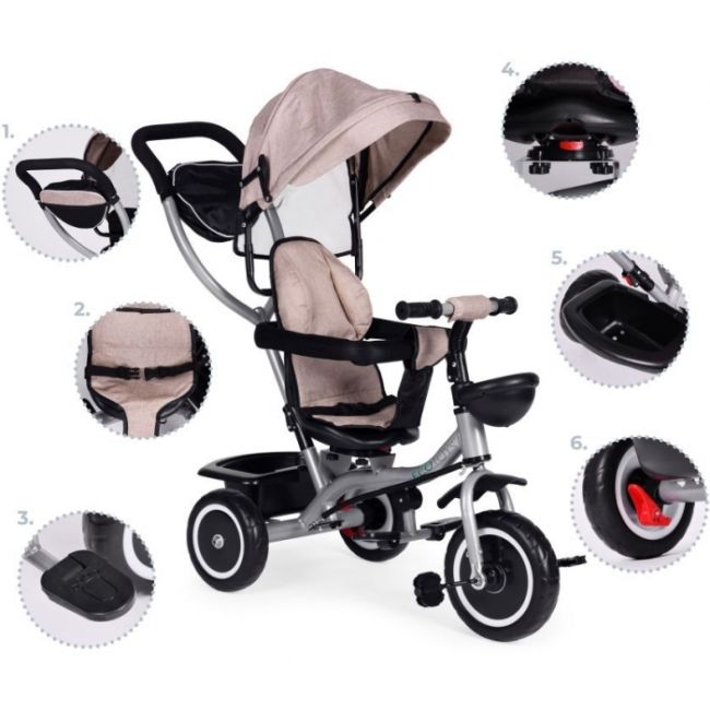 Tricicleta 2 in 1 pentru copii, scaun rotativ 360°, roti din spuma eva, ecotoys wql-066-52 - bej edeediwql-066-52beige