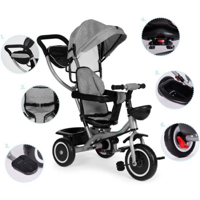 Tricicleta 2 in 1 pentru copii, scaun rotativ 360°, roti din spuma eva, ecotoys wql-066-52 - gri edeediwql-066-52grey