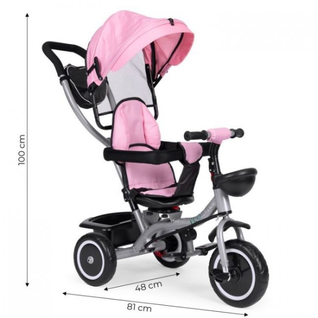 Tricicleta 2 in 1 pentru copii, scaun rotativ 360°, roti din spuma eva, ecotoys wql-066-52 - roz edeediwql-066-52pink