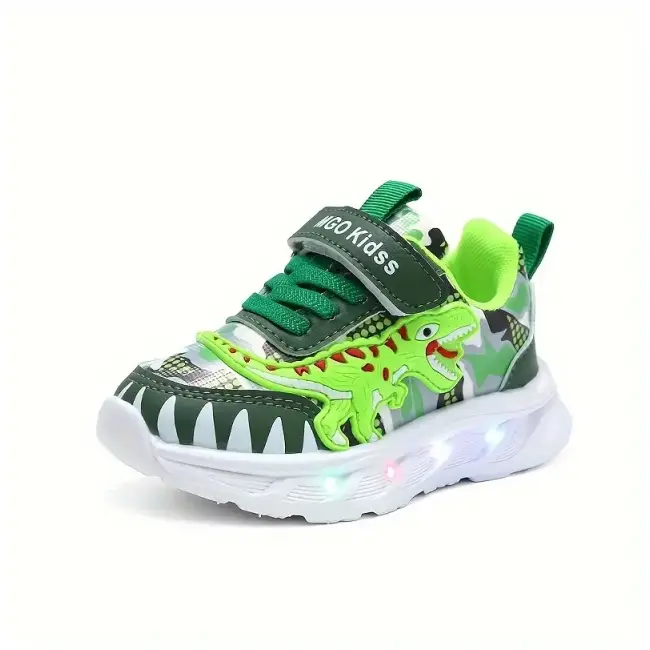 Pantofi sport copii cu luminițe led și design dinozaur verde adt-1