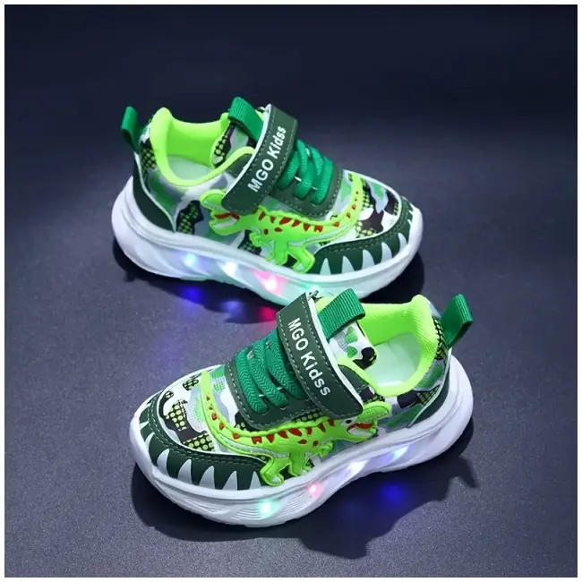Pantofi sport copii cu luminițe led și design dinozaur verde adt-1