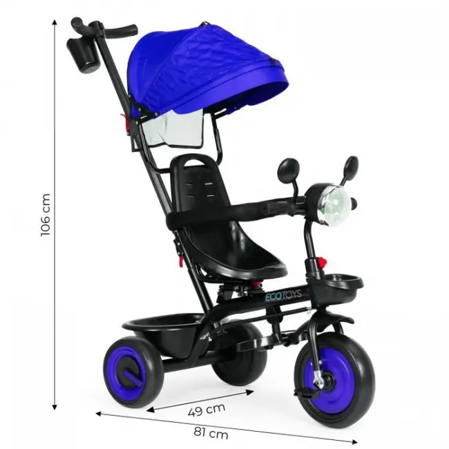 Tricicleta 3 in 1 pentru copii, scaun rotativ 360&deg;, roti din spuma eva, ecotoys wql-066-51 - albastru edeediwql-066-51blue