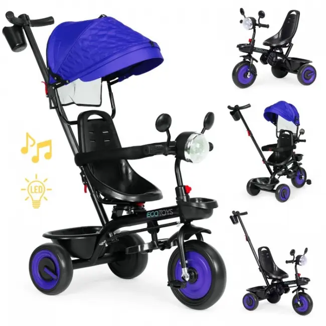 Tricicleta 3 in 1 pentru copii, scaun rotativ 360&deg;, roti din spuma eva, ecotoys wql-066-51 - albastru edeediwql-066-51blue