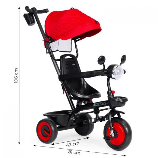 Tricicleta 3 in 1 pentru copii, scaun rotativ 360°, roti din spuma eva, ecotoys wql-066-51 - rosu edeediwql-066-51red