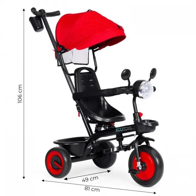 Tricicleta 3 in 1 pentru copii, scaun rotativ 360&deg;, roti din spuma eva, ecotoys wql-066-51 - rosu edeediwql-066-51red