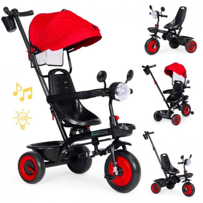 Tricicleta 3 in 1 pentru copii, scaun rotativ 360°, roti din spuma eva, ecotoys wql-066-51 - rosu edeediwql-066-51red