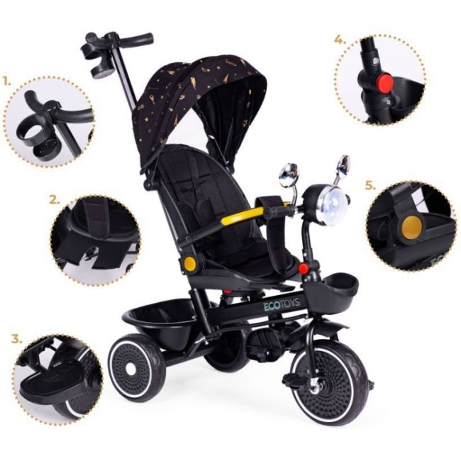 Tricicleta pentru copii, scaun rotativ 360°, roti din spuma eva, ecotoys wql-186 - negru edeediwql-186black