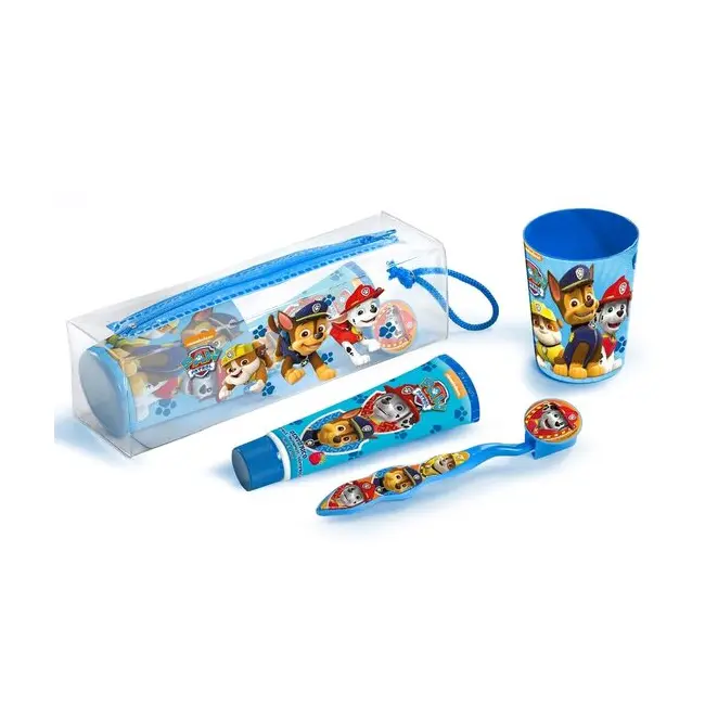 Set ingrijire dentala pentru baieti, pahar, pasta de dinti, periuta si etui, Paw Patrol