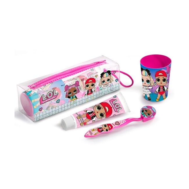 Set ingrijire dentala pentru calatorie, LOL Surprise, Periuta cu capac, pasta de dinti 75 ml, pahar si borseta