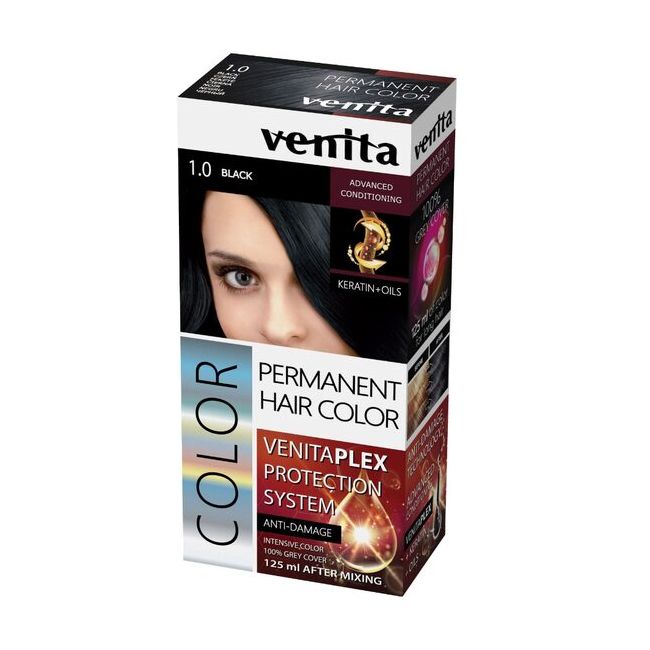Vopsea de par permanenta, Venita Plex, 125 ml, Nr 1.0, Negru, 125ml