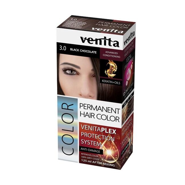 Vopsea de par permanenta, Venita Plex, 125 ml, Nr 3.0, Negru Ciocolatiu, 125ml