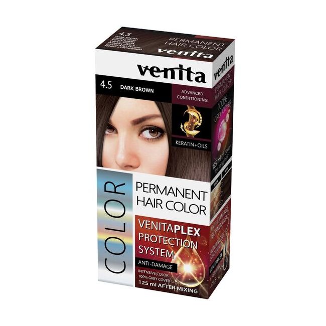 Vopsea de par permanenta, Venita Plex, 125 ml, Nr 4.5, Saten Inchis, 125ml