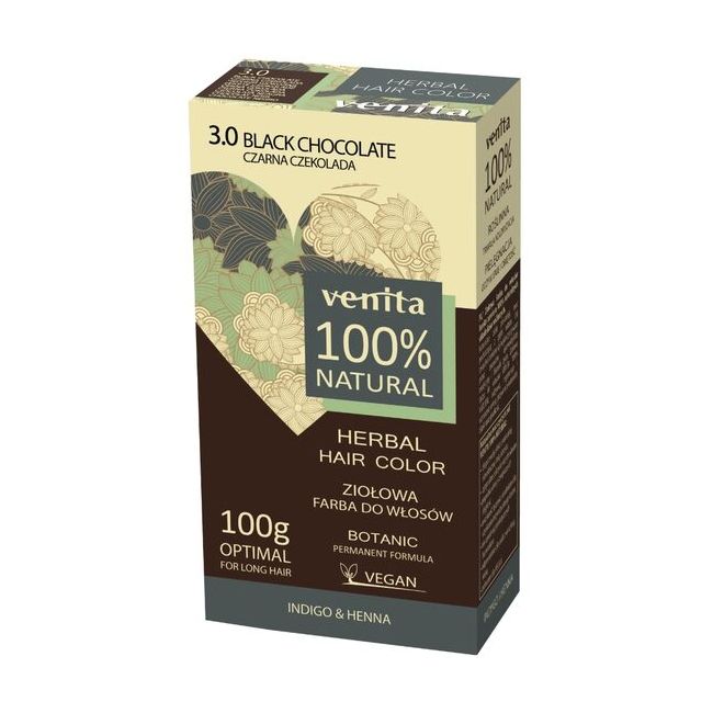 Vopsea de par pulbere, pe baza de plante, naturala 100%, Venita, Nr 3.0, Ciocolata Neagra, 100g
