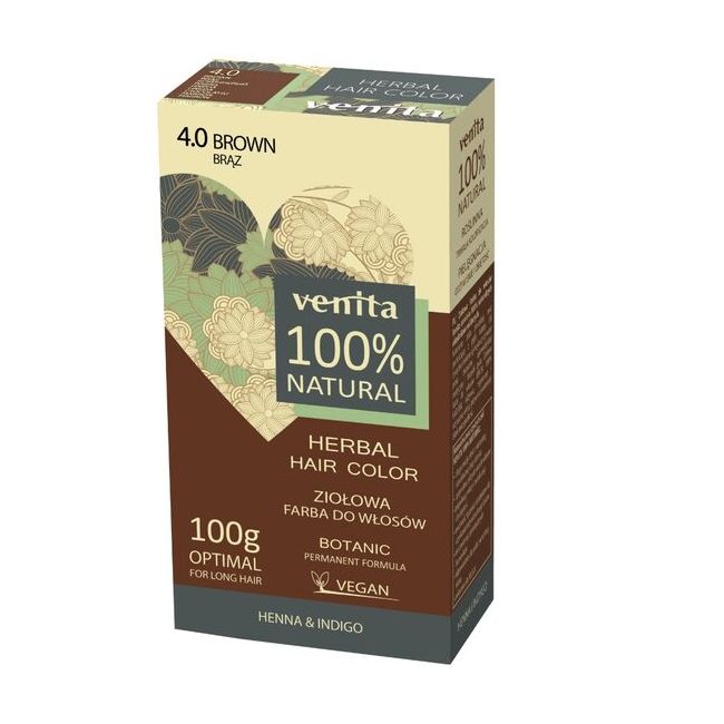 Vopsea de par pulbere, pe baza de plante, naturala 100%, Venita, Nr 4.0, Maro, 100g