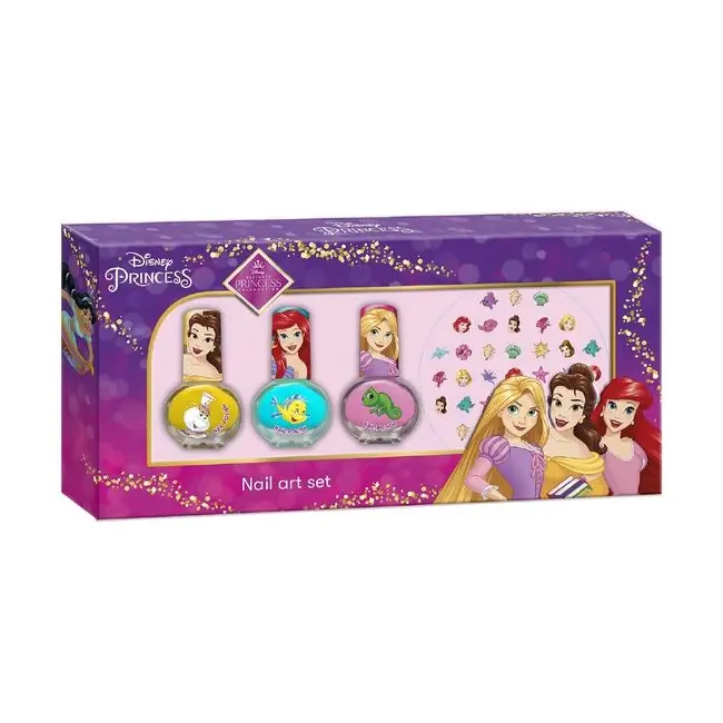 Set manichiura pentru fetite, 3 lacuri de unghii si modele de lipit pe unghii, Printesele Disney
