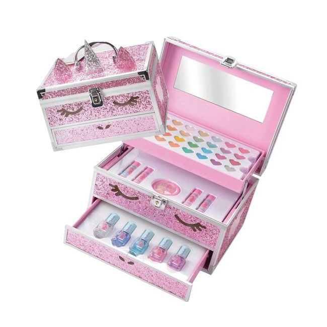 Trusa metalica cu accesorii pentru machiaj si unghii, Unicorn Big Glitter Case, fetite, Martinelia