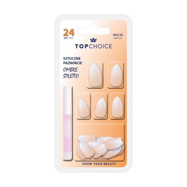Set 24 unghii artificiale cu adeziv Ombre Stiletto Beige Almond Top Choice 78187