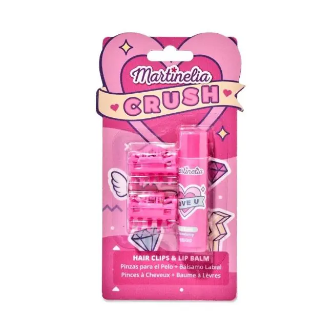 Set balsam de buze cu aroma de capsuni si 2 agrafe asortate Crush Martinelia 11101S, 4 g