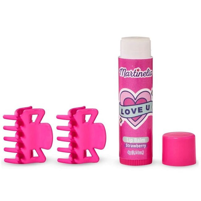Set balsam de buze cu aroma de capsuni si 2 agrafe asortate Crush Martinelia 11101S, 4 g