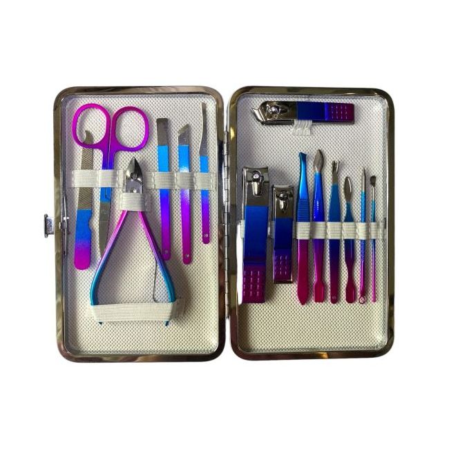 Trusa manichiura tip portofel, cu 15 piese, Chique R277 Blue to Pink