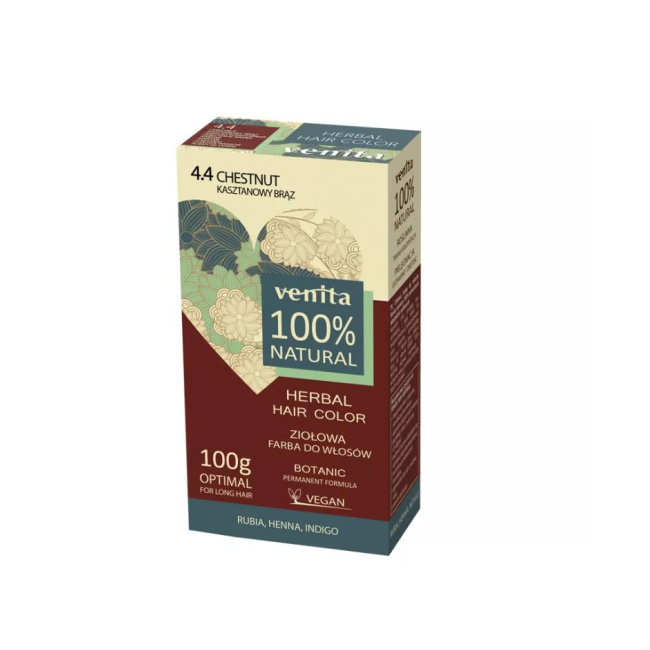Vopsea de par pulbere, pe baza de plante, naturala 100%, Venita, Nr 4.4 Castaniu, 100 g