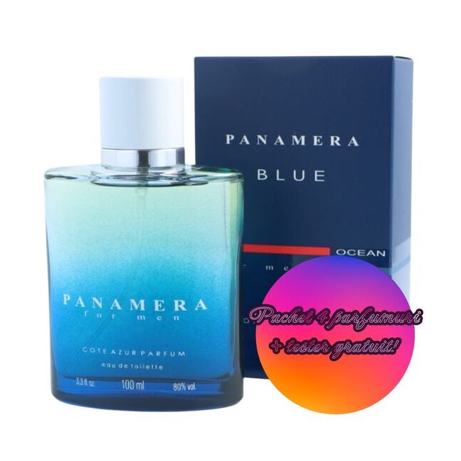 Set 4 Apa de toaleta Cote d'Azur Panamera Blue, barbati, 100 ml +Tester GRATUIT