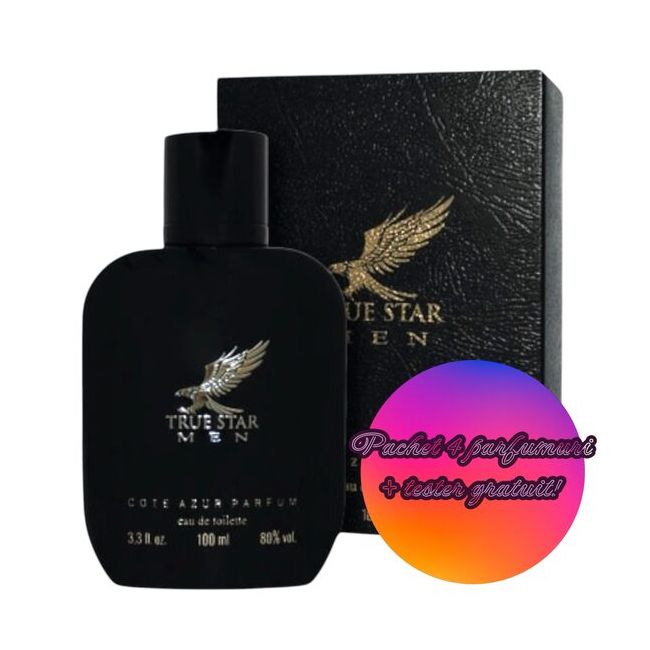 Set 4 Apa de toaleta True Star, barbati, Cote D´Azur, 100 ml + Tester GRATUIT