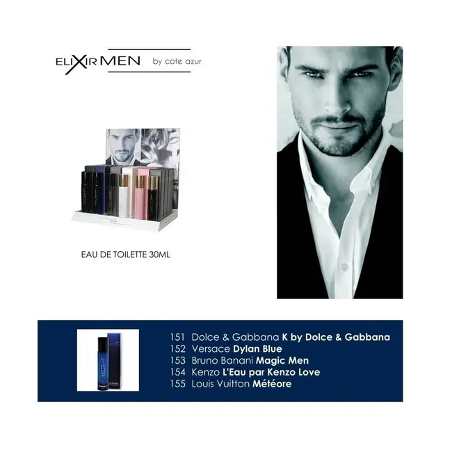 Set 7 Apa de toaleta Cote d'Azur, Elixir, Blue, Barbati, 30ml Nr. 155 + 1 Tester GRATUIT