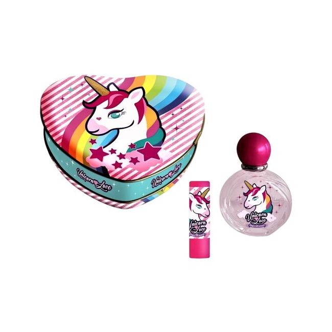 Set apa de toaleta si balsam de buze Unicorn Love, Lorenay, 1790, caseta metalica Heart