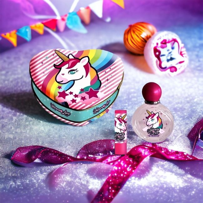 Set apa de toaleta si balsam de buze Unicorn Love, Lorenay, 1790, caseta metalica Heart