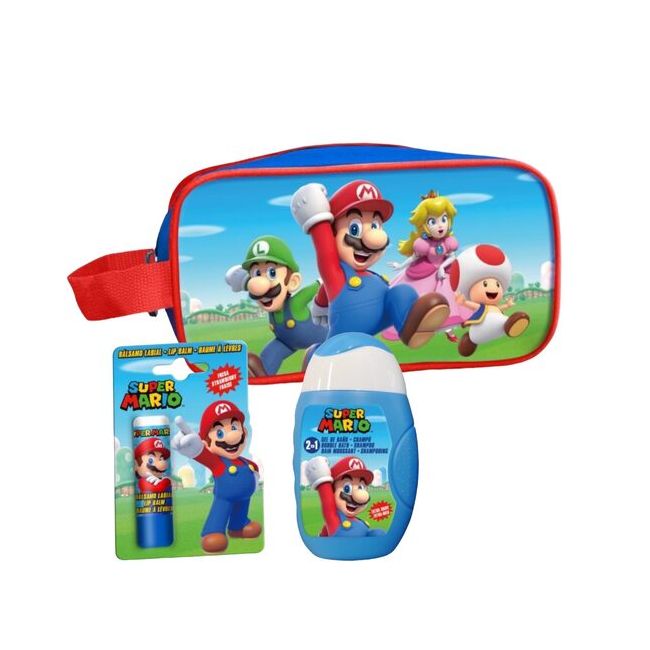 Set produse ingrijire copii, gel de dus si sampon, balsam de buze si borseta depozitare Super Mario 1809, 110 ml