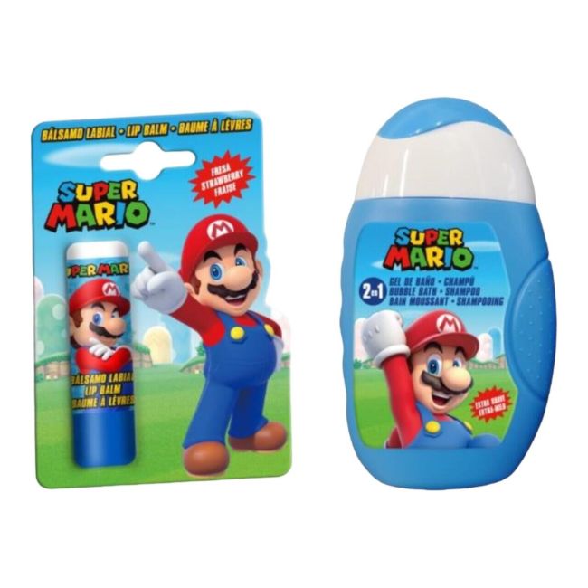 Set produse ingrijire copii, gel de dus si sampon, balsam de buze si borseta depozitare Super Mario 1809, 110 ml