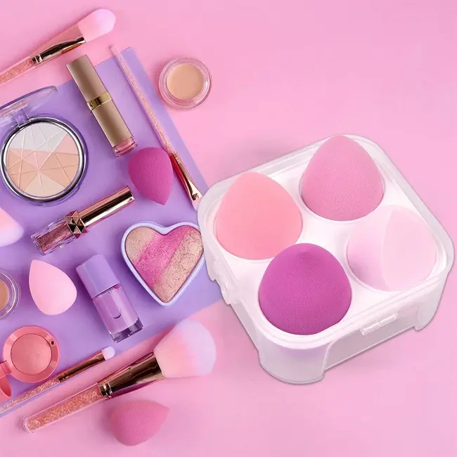 Set 4 bureti machiaj, pentru aplicarea fondului de ten, Blender, stil lacrima Top Choice 38538, cu cutie depozitare