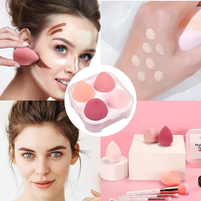 Set 4 bureti machiaj, pentru aplicarea fondului de ten, Blender, stil lacrima Top Choice 38538, cu cutie depozitare