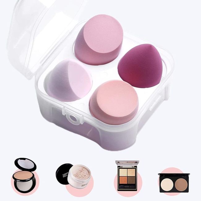 Set 4 bureti machiaj, pentru aplicarea fondului de ten, Blender, stil lacrima Top Choice 38538, cu cutie depozitare