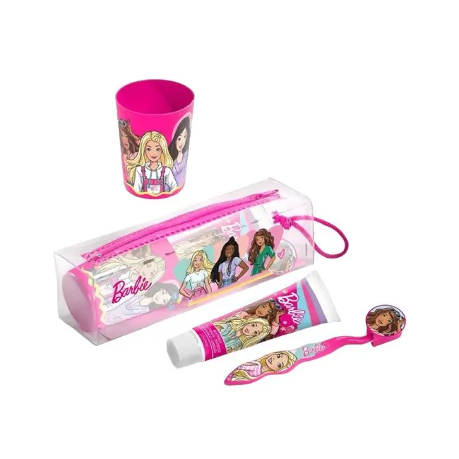 Set ingrijire orala pentru calatorie, Barbie, Periuta cu capac, pasta de dinti 75 ml, pahar si borseta, pentru fetite, 2042