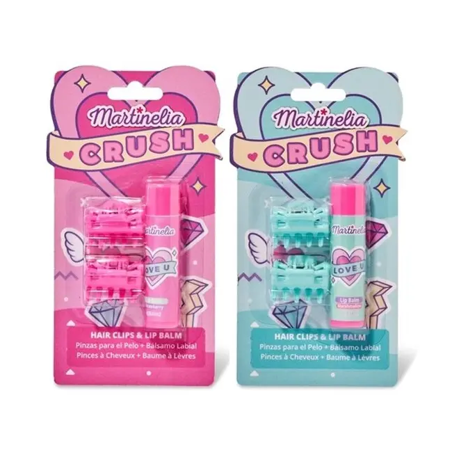 Pachet 2 Set balsam de buze cu aroma de bezele capsuni si agrafe asortate Crush Martinelia 11101, 4 g