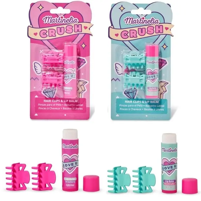 Pachet 2 Set balsam de buze cu aroma de bezele capsuni si agrafe asortate Crush Martinelia 11101, 4 g
