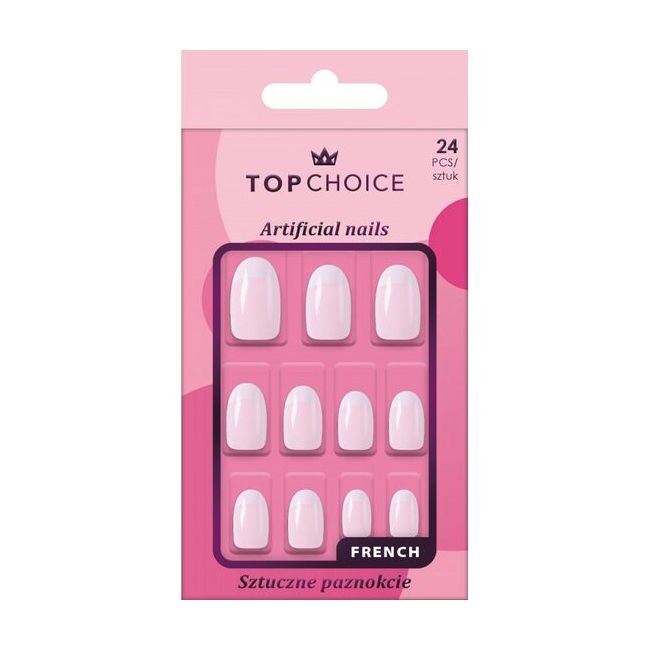 Set 24 unghii artificiale French, ovale, roz,  Top Choice, 78422