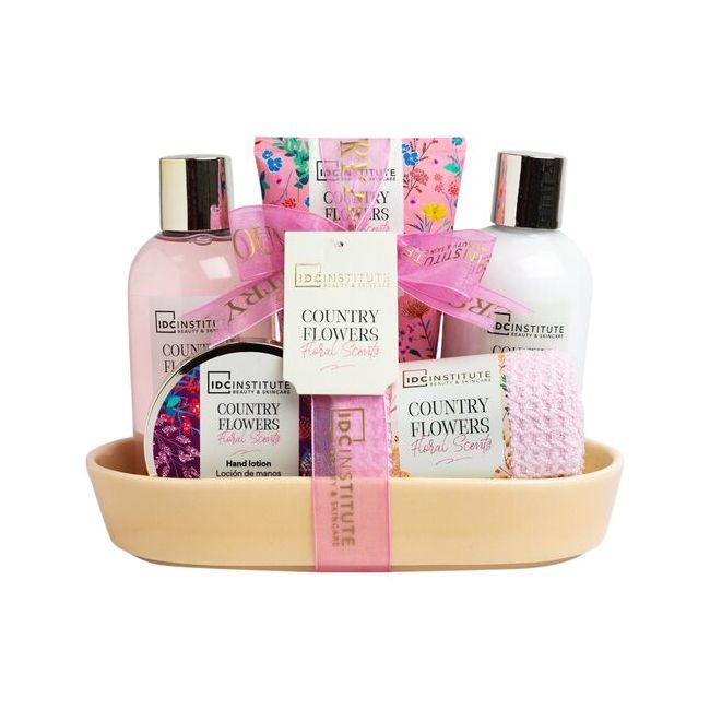 Set 5 produse de ingrijire Country Flower cu suport ceramic, IDC Institute 56232, 600 ml