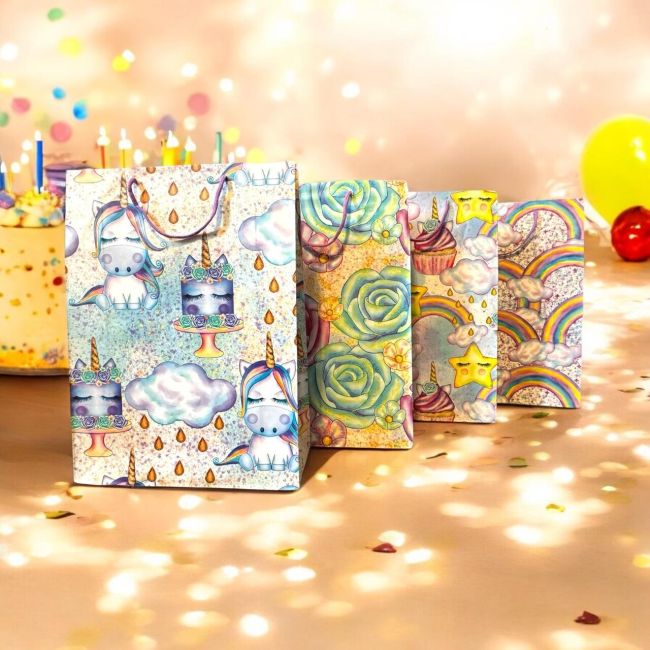 Pungi de cadou pentru copii, XL, set de 12 buc, model Unicorn