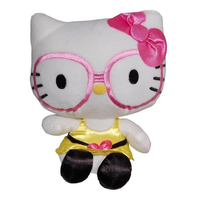Jucarie din plus Hello Kitty cu ochelari si rochie galbena, 23 cm