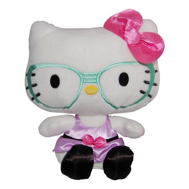 Jucarie din plus Hello Kitty cu ochelari si rochie mov, 23 cm