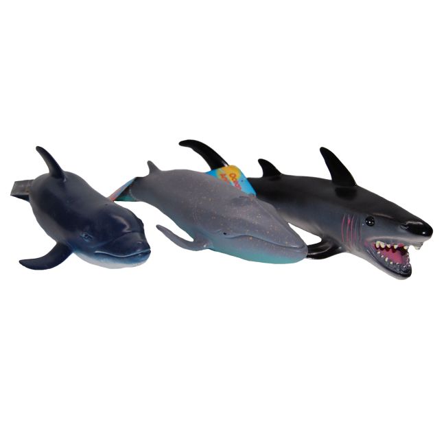 Set 3 figurine din cauciuc animale marine, Delfin/Rechin/Balena albastra, 24 - 28 cm