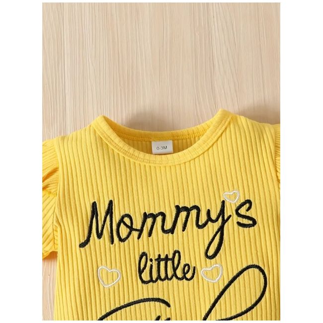 Costumas pentru fetite, body galben, pantaloni cu inimioare si bentita asortata mdtu96-r2