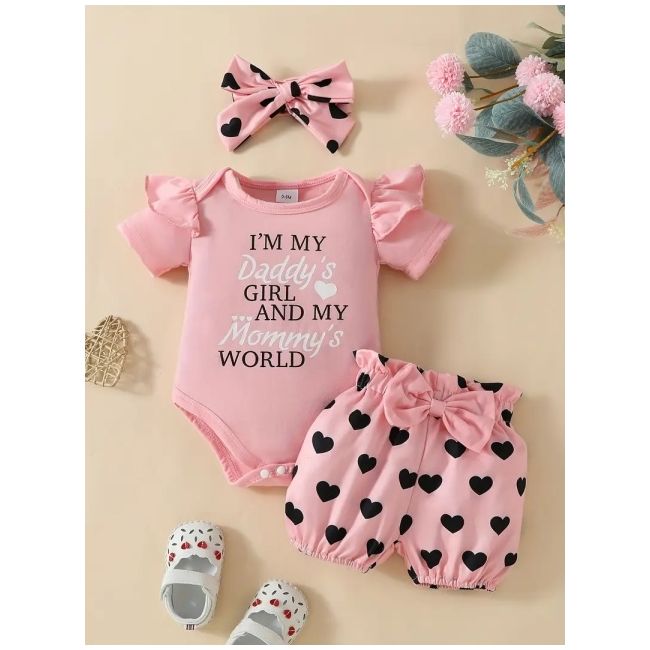 Costumas pentru fetite, body roz, pantaloni cu inimioare si bentita asortata mdtu110-r2
