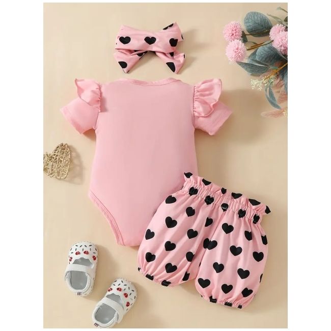 Costumas pentru fetite, body roz, pantaloni cu inimioare si bentita asortata mdtu110-r2