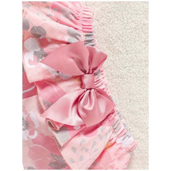 Costumas pentru fetite, body roz, pantaloni inflorati si bentita asortata mdtu109-r2