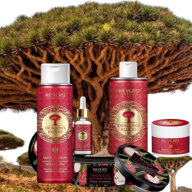 Pachet ingrijire Dragon' Blood Revers - apa micelara, crema de ten, sampon, exfoliant si ser ingrijire XL